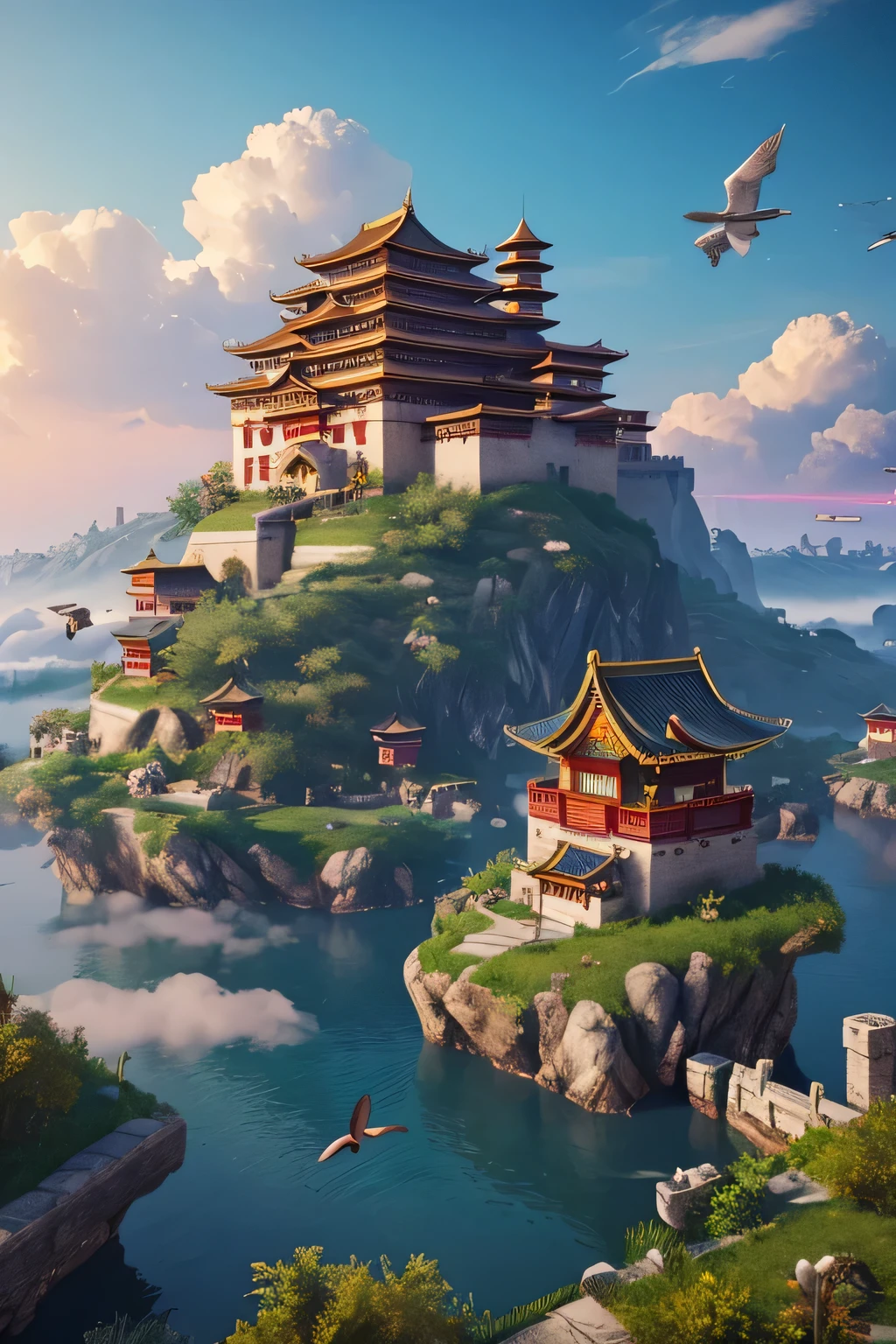 arafed view of a village with a lot of light on the buildings,color (fantasy: 1.2), (サイバーパンクChinaの古代の城,), (Irregular red building floating above clouds), Patchwork Cottage, flower decoration, light, City: China, (空中City), Ross Tran, lightシャフト, realistic lighting, masterpiece, high quality, beautiful graphics, high detail, masterpiece, high quality, beautiful graphics, high detail, , bird flying in the sky, unreal engine 5, 