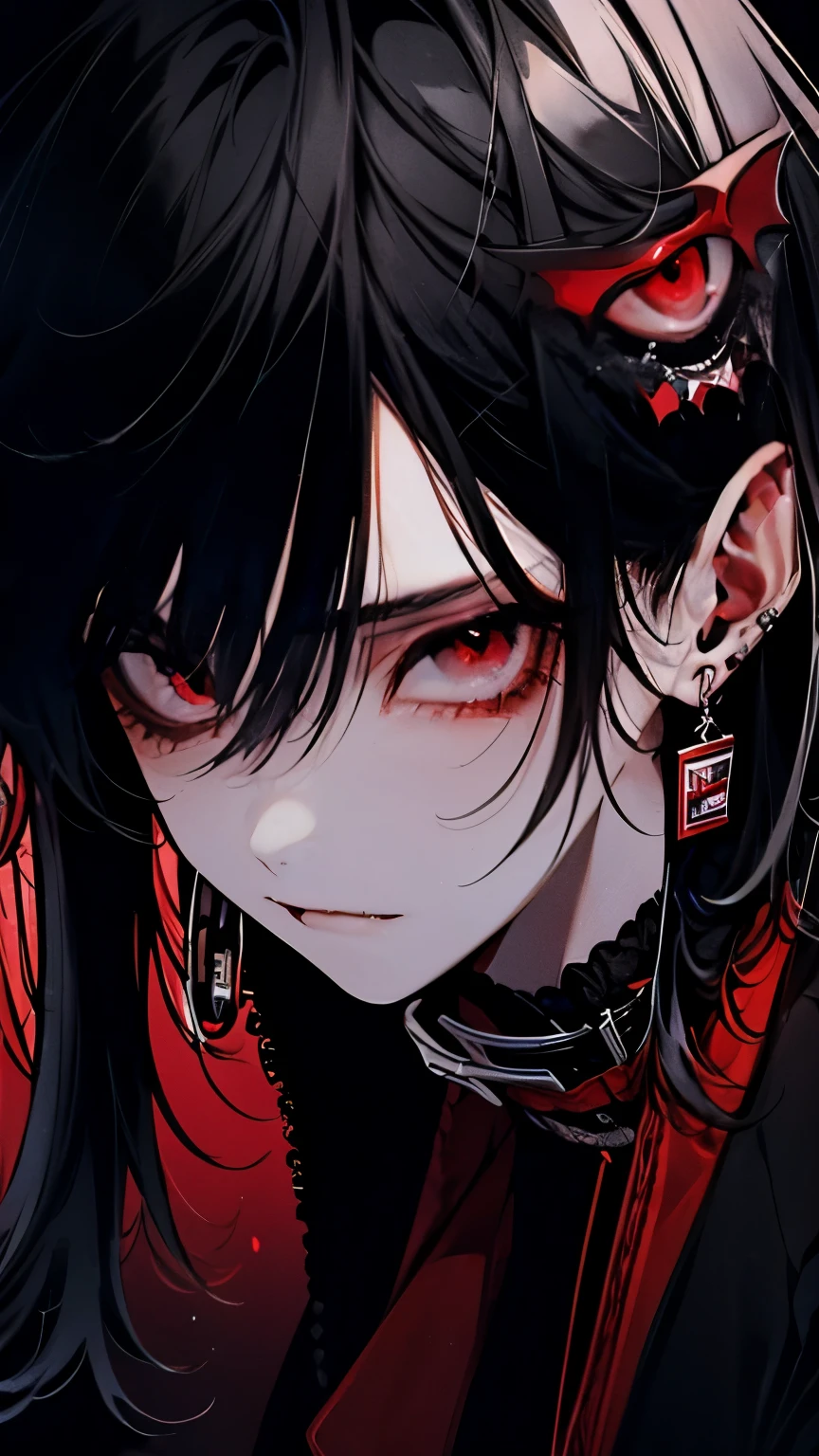 (best quality), 1man,Masculinity, perfect face,(One with long black hair:1.5),(red eyes:1.4),(vampire:1.4),(Open your mouth to show your fangs:1.3),Gorgeous dark atmosphere, man in black suit,late night