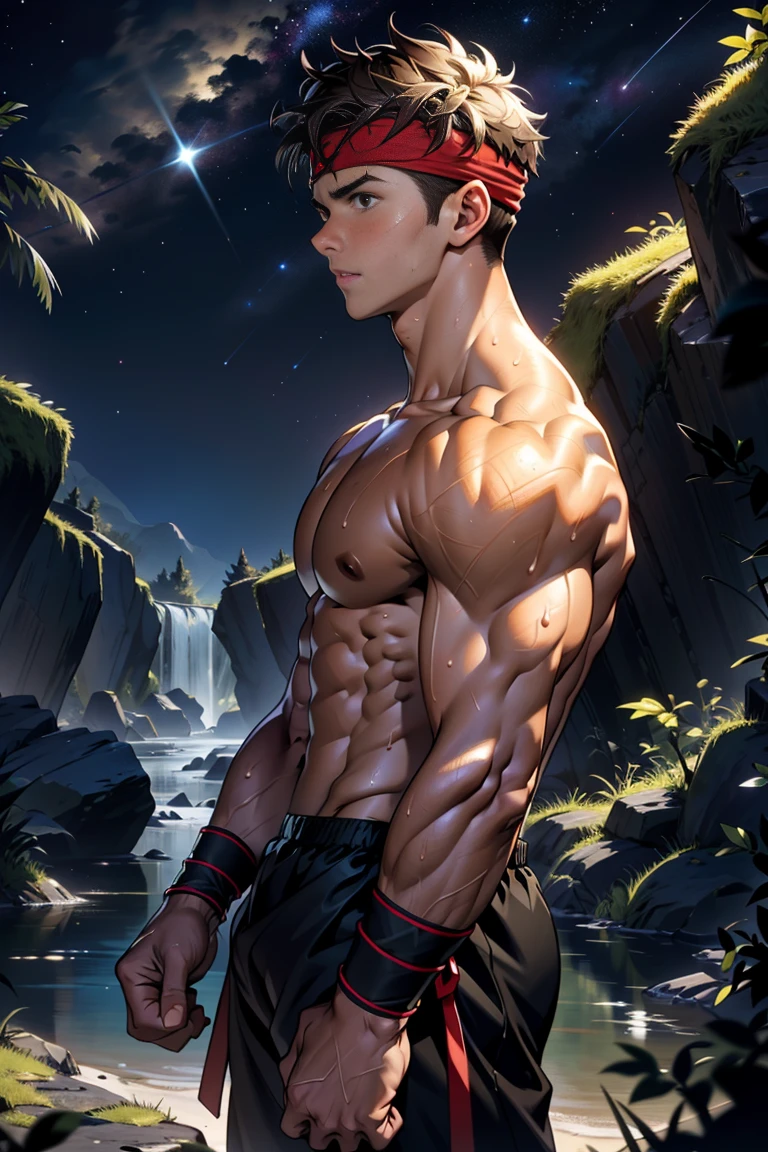 (Masterpiece, Best quality, 18 year old boy, 8k, ultra-detailed, (bust shot)), (from side, looking away, worm eyes, thin lips), (1 boy, solo), Young, (teenager), (Dark Short straight hair, under cut, brown eyes), Shirtless, topless, (Red headband, ((gauntlet))), (Depth of field:1.2), (Abs, chest, upper arms, fararms, shoulder), (topless male), man with martial arts stance, athretic body, (background: midnight caves, starry night), sweat, action pose