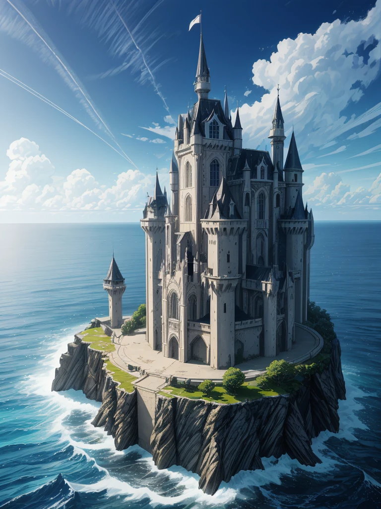 (((masterpiece、Highest image quality、highest quality、highly detailed unity 8kwallpaper)))、((fantasy、Abandoned castle on a lonely island))、(Ocean)、tower