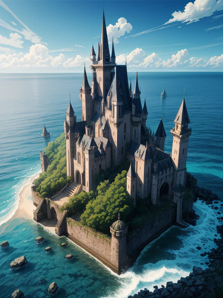 (((masterpiece、Highest image quality、highest quality、highly detailed unity 8kwallpaper)))、((fantasy、Abandoned castle on a lonely island))、(Ocean)、tower