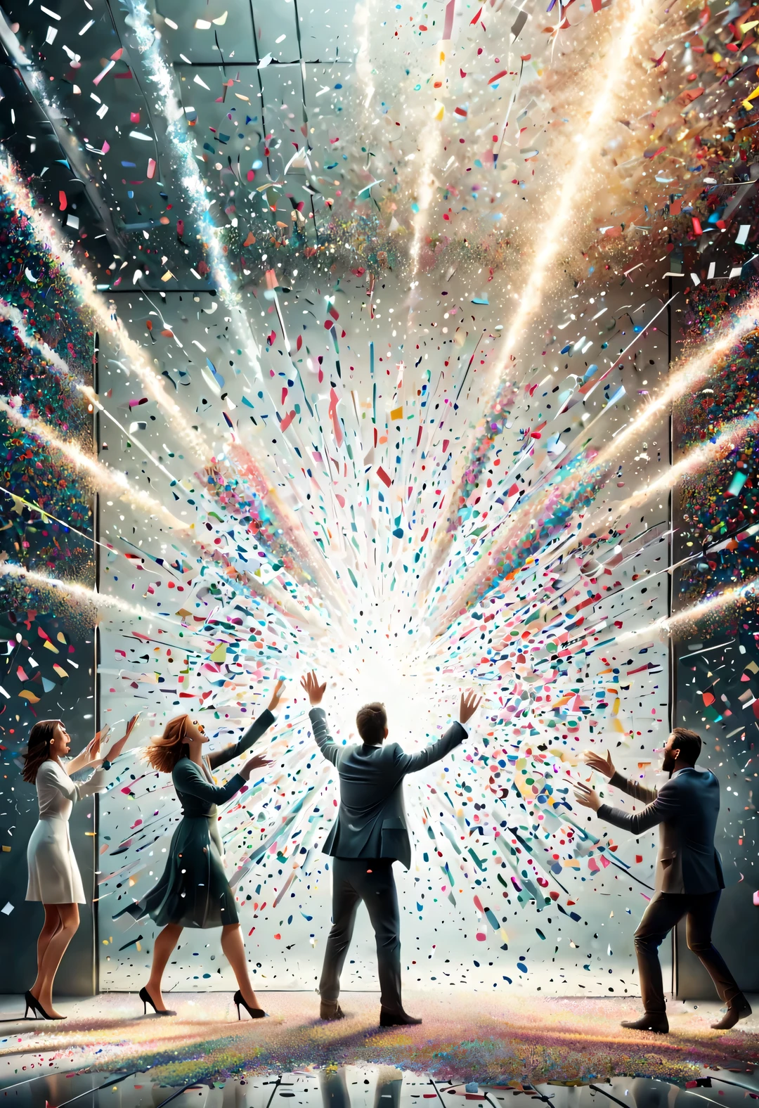 In the center of the picture is a glass wall，Confetti shaped like white people pass through a cracked glass wall，turn into confetti, ，production art, Interesting illustration, cartoon