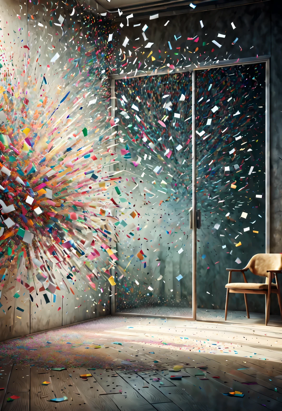 In the center of the picture is a glass wall,Confetti shaped like white people pass through a cracked glass wall,turn into confetti, ,production art, Interesting illustration, cartoon