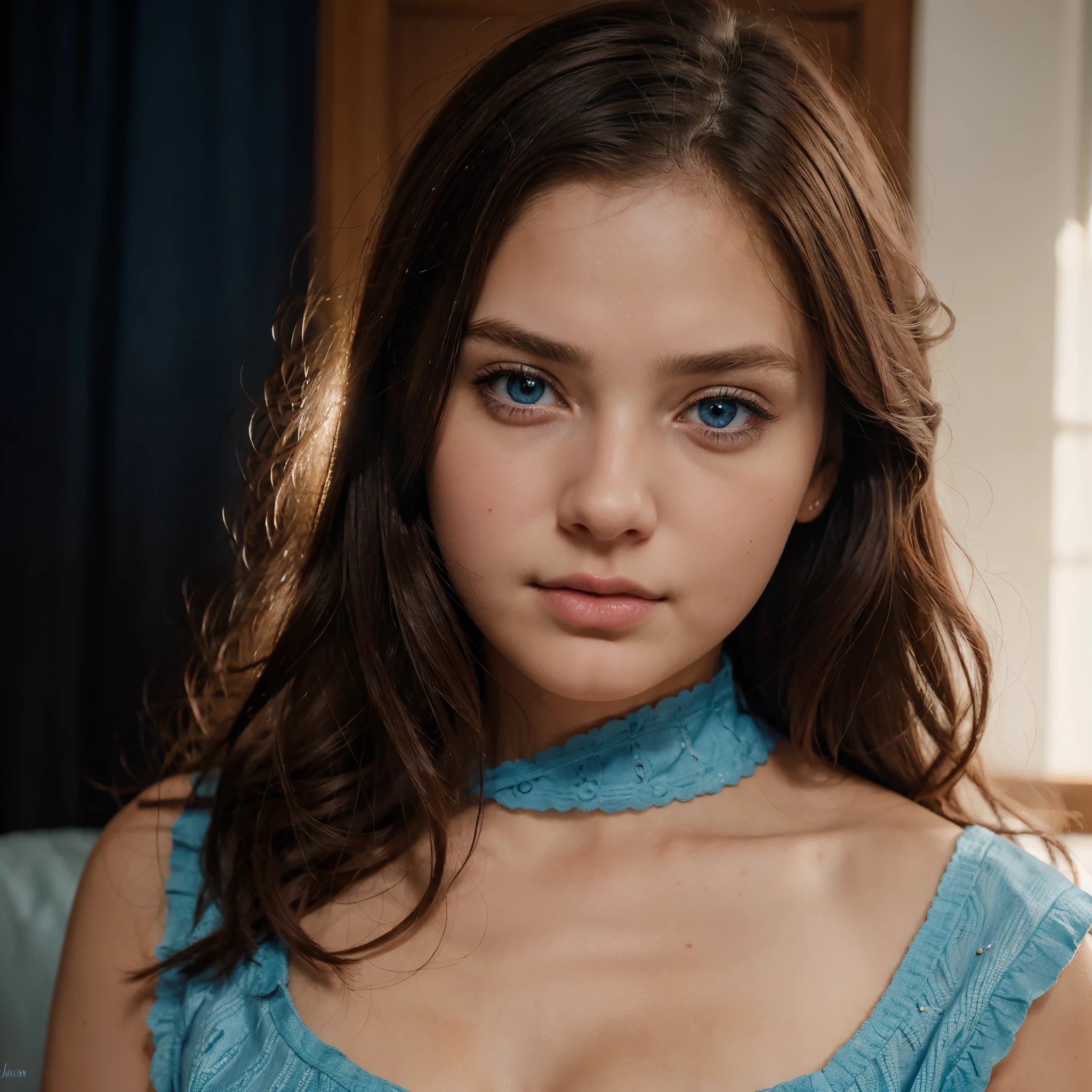 fille brune russe aux yeux bleu, nue dans une ferme