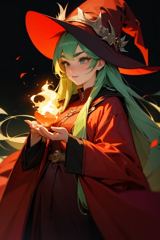 (highest quality, masterpiece:1.2), High resolution, Super detailed, realistic:1.37, fantasy, illustration red hat、red long leather coat、long hair、Deep green hair、26 years old、fantasy、eyes are long、long eyelashes、highest quality、masterpiece、eyes are deep green、Tsundere、Beautiful woman、Correctly contour the eyes、Fire Witch、Best eyes、eyebrows are thick、