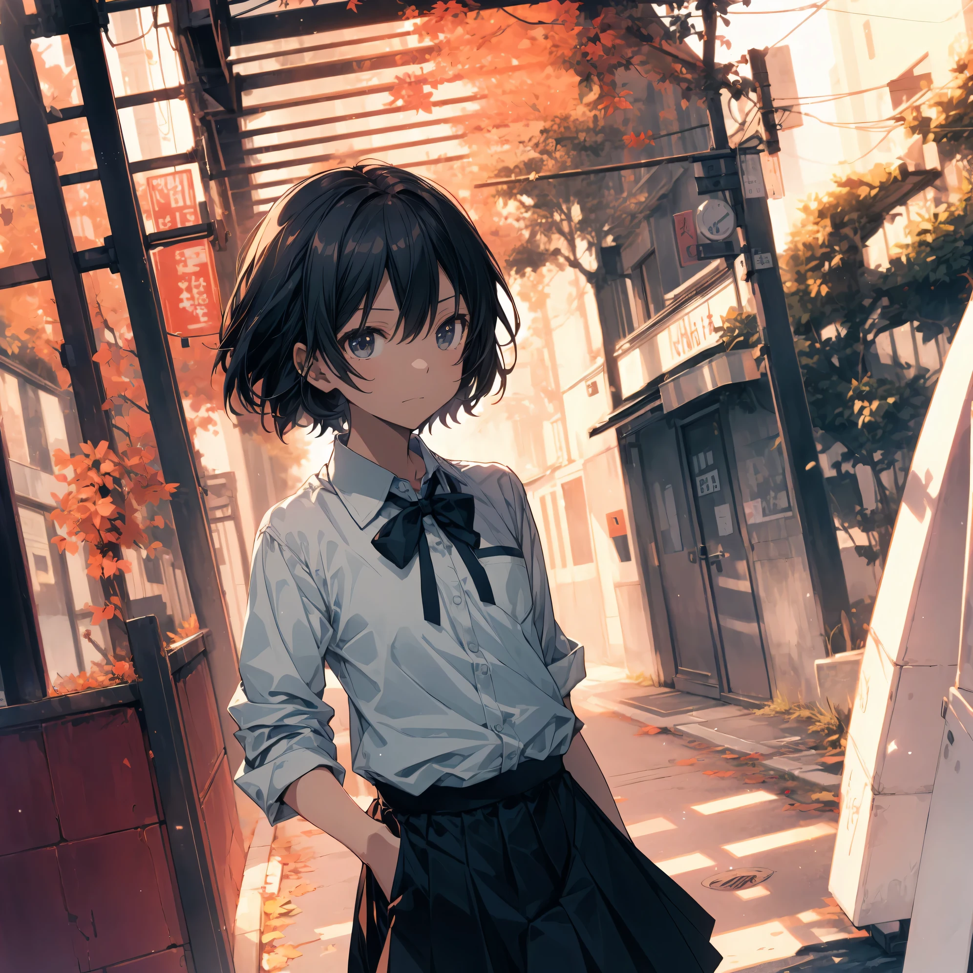 Super high quality by the art god, super detailed, High resolution,Shinkai Makoto style, anime moe art style, best anime 8K konachan wallpaper, pixiv contest winner, perfect anatomy, break,(眠そうにalone学校へ行く女の子を描いてください. ),break, surreal high school girl, (alone,****ta, , ************:1.3),All limbs, full finger,, androgynous charm, (very short hair), messy hair, flat chest, , small ass, between legs, Small black eyes, beautiful and fine eyes, Well-proportioned iris and pupils, disgusted eyes, High resolutionの詳細な髪, wearing school uniform, (skirt), On the way to school. break,super dense skin, Best lighting by famous artists, 8K, figure,