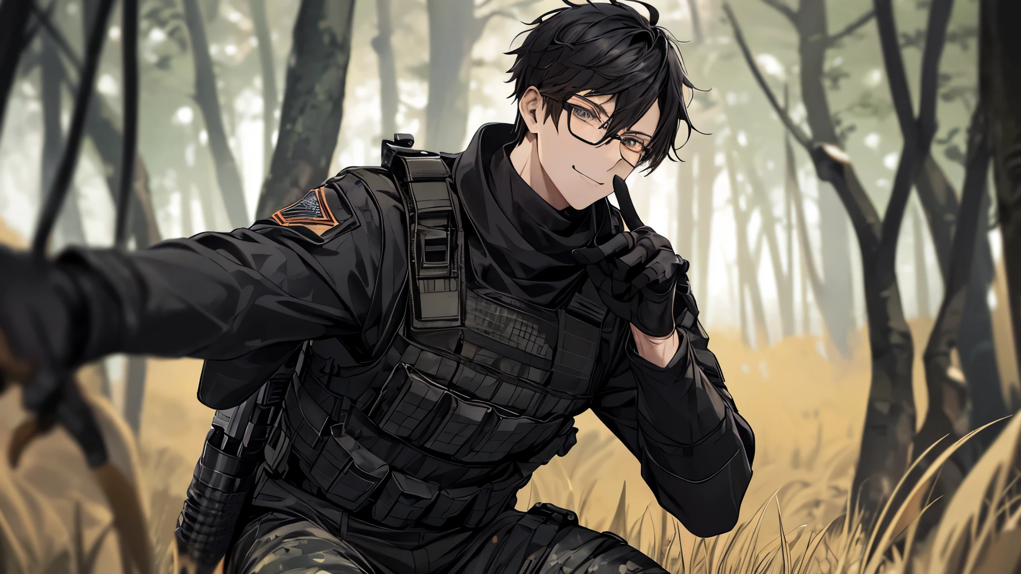 1 guy, camouflage military pants, black sweater, black body armor, Tactical gloves, Balaklava, wild hair, берцы, gun in hand and press, Thin, pale, rings on fingers, black nails, Glasses, black hair, a little sporty, Glass eyes, smile, cinematic lighting, Blur background, Best quality, Brown eyes, In the woods, yellow tall grass covered in blood, Collar,