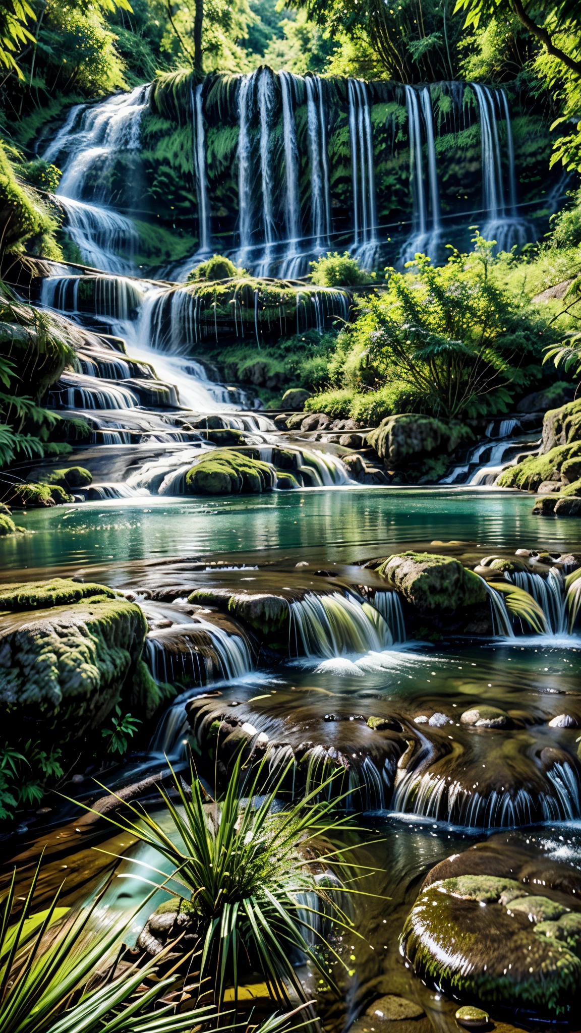 there is a waterfall in the middle of a lush green forest, peaceful beautiful waterfall, nature wallpaper, beautiful stunning waterfall, beautiful waterfall, stunning waterfall, forest and waterfall, mobile wallpaper, amazing wallpaper, screensaver, peaceful and serene, lush landscape, nature scenery, with waterfalls and river, lush oasis, with trees and waterfalls, beautiful wallpaper, waterfalls and lakes