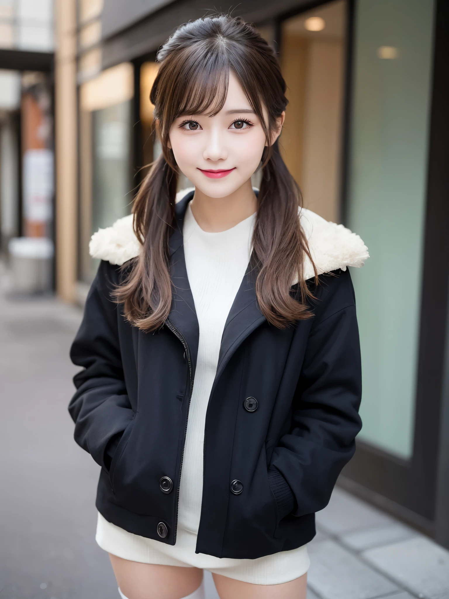 highest quality, shape, Super detailed, finely, High resolution, 8k wallpaper, 完璧なダイナミックな構shape, beautiful and detailed eyes, tokyo trend冬ファッション,tokyo trend&Introducing cute hairstyles at random, small breasts, natural color lip, random sexy pose,cute smile、20 year old girl、beautiful and detailed face、perfect and beautiful face,Big eyes、Wear fluffy black outerwear with fur、beautiful detailed face、perfect and beautiful double eyelids、blur the background、perfect and beautiful face、bright look、Twin ponytail hairstyle、whole body、up to legs、Wear knee socks、boots