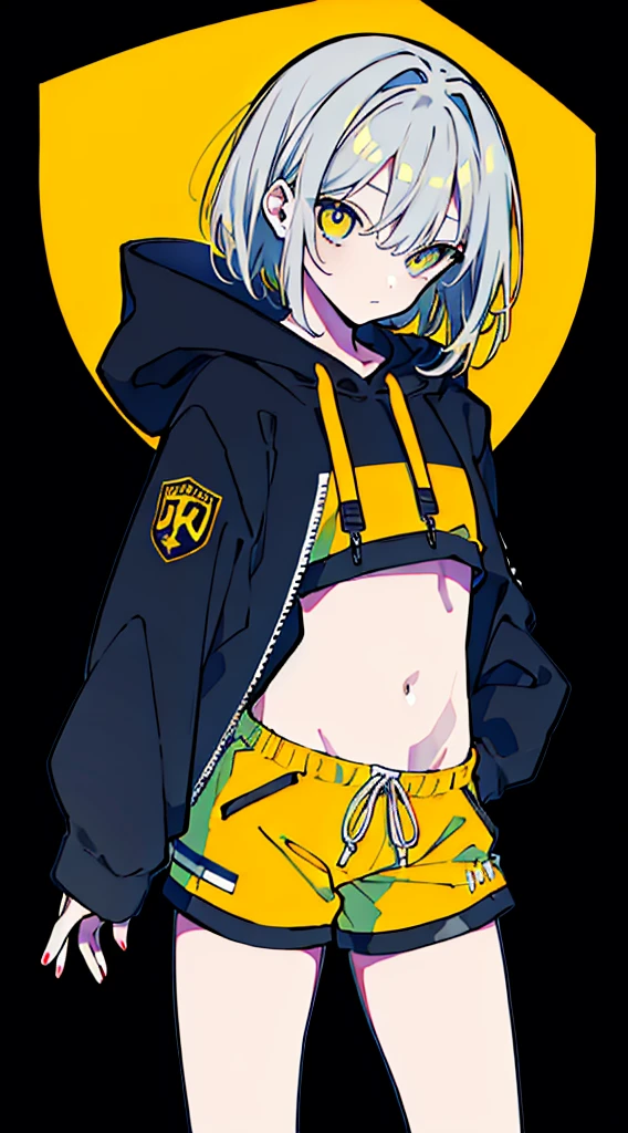 (masterpiece, highest quality:1.6), alone, thick outline, (simple background, Dark yellow background, monochrome, dark yellow theme:1.2), official art, Key Visual, 8K, disorganized, whole body, (Unique hair, Oversized Hoodies, hot pants, arch back, short torso:1.2), belly button, thighs, cowboy shot, HDR, sharp focus, High resolution, most detailed, very detailed, Super detailed, finely, detailed eyes and face, sharp pupils, realistic student