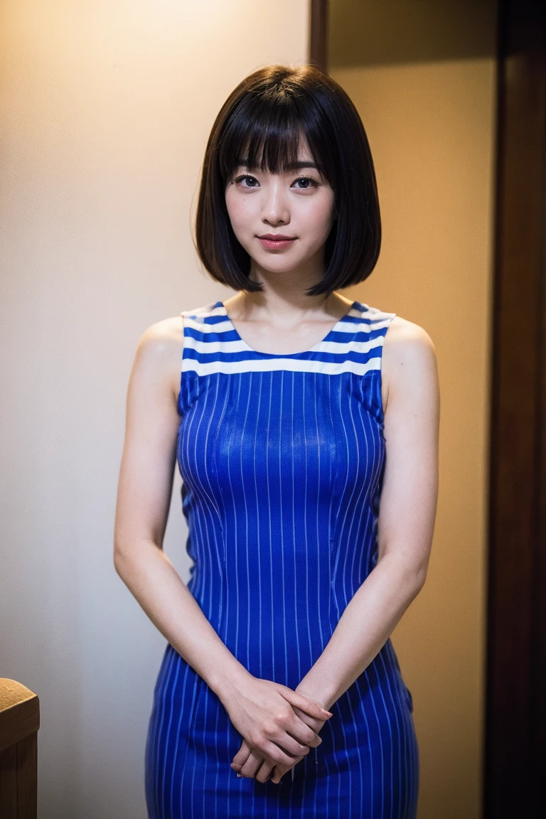 (8K, RAW photo, highest quality, masterpiece:1.2), ultra detail, super resolution, (realistic, realistic Photo:1.37), portrait, High resolution RAW color photos, professional photos, 非常に詳細で美new, very detailed, 8k wallpaper, surprisingly detailed, huge file size, official art, highly detailed CG unity 8k wallpaper, very detailed美少女, very detailed顔, very detailed目, very detailed肌, very detailed指, very detailed鼻, very detailed詳細な口 , perfect anatomy, very detailed背景, very detailed衣服, 1 girl,, 20th generation, cute girl, realistic body, small, Fair skin, glowing skin , handsome body, black hair , Rolled up hair, (dull bangs:1.2), smile, cute, like々new, cute face, realistic face, delicate eyes, (((gentian blue colored sleeveless striped dress))), looking at the viewer, cowboy shot, facing the front, Standing position, Opposition, dynamic lighting, very big breasts,