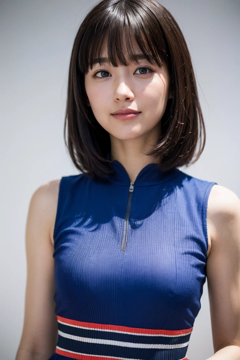 (8K, RAW photo, highest quality, masterpiece:1.2), ultra detail, super resolution, (realistic, realistic Photo:1.37), portrait, High resolution RAW color photos, professional photos, 非常に詳細で美new, very detailed, 8k wallpaper, surprisingly detailed, huge file size, official art, highly detailed CG unity 8k wallpaper, very detailed美少女, very detailed顔, very detailed目, very detailed肌, very detailed指, very detailed鼻, very detailed詳細な口 , perfect anatomy, very detailed背景, very detailed衣服, 1 girl,, 20th generation, cute girl, realistic body, small, Fair skin, glowing skin , handsome body, black hair , Rolled up hair, (dull bangs:1.2), smile, cute, like々new, cute face, realistic face, delicate eyes, (((gentian blue colored sleeveless striped dress))), looking at the viewer, cowboy shot, facing the front, Standing position, Opposition, dynamic lighting, very big breasts,