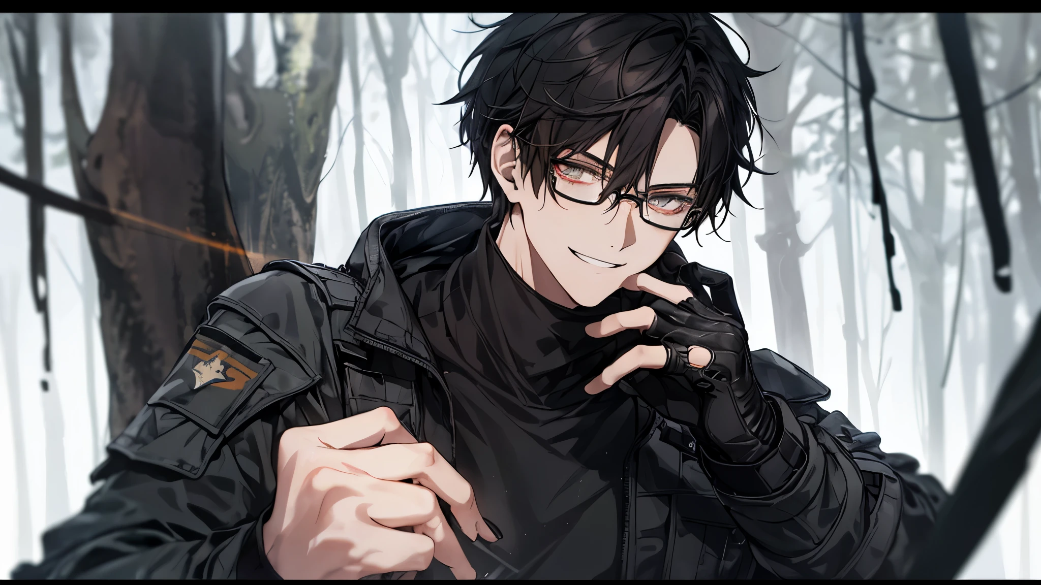 1 guy, camouflage military pants, black sweater, black body armor, Tactical gloves, Balaklava, wild hair, берцы, gun in hand and press, Thin, pale, rings on fingers, black nails, Glasses, black hair, a little sporty, Glass eyes, smile, cinematic lighting, Blur background, Best quality, Brown eyes, In the woods, swirl, sea, gloomy, rain, Collar,