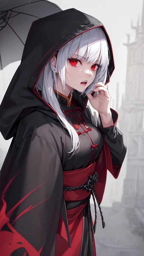 kk, best quality, more details, masterpiece, 1girl, kaneki ken, portrait, male focus, red eyes, solo, bangs, looking at viewer, hood, short hair, rain, tokyo tokyo \(hell\), hood up, nail polish, white hair, luxurious, 8k, detailed, ray tracing, depth of field, cinematic lighting, devil, demon, (((masterpiece)))、(((top-quality)))、((ultra-detailliert))、Vampires、Vampire、King of the Night、natta、Castles、a moon、rot、cloaks、the bats、((canine teeth))、wining、Neck bite, middle ages, feudal Japan, serious expression, Shui Mo Hua, Chinese painting style, Thangka style, masterpiece, weak sunlight, depth of field, best quality