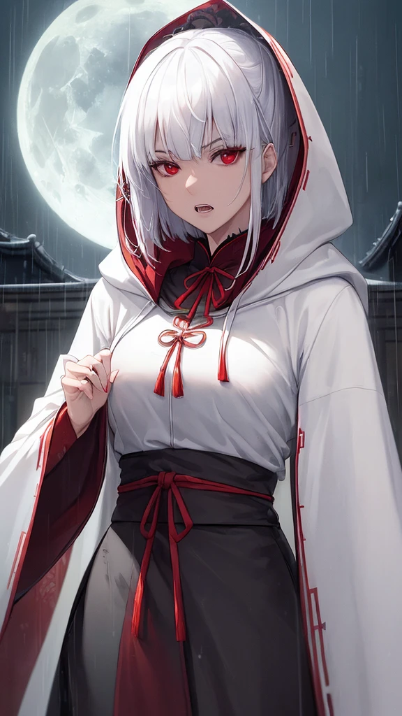 kk, best quality, more details, masterpiece, 1girl, kaneki ken, portrait, male focus, red eyes, solo, bangs, looking at viewer, hood, short hair, rain, tokyo tokyo \(hell\), hood up, nail polish, white hair, luxurious, 8k, detailed, ray tracing, depth of field, cinematic lighting, devil, demon, (((​masterpiece)))、(((top-quality)))、((ultra-detailliert))、Vampires、Vampire、King of the Night、natta、Castles、a moon、rot、cloaks、the bats、((canine teeth))、wining、Neck bite,  middle ages, feudal Japan, serious expression, Shui Mo Hua, Chinese painting style, Thangka style, masterpiece, weak sunlight, depth of field, best quality