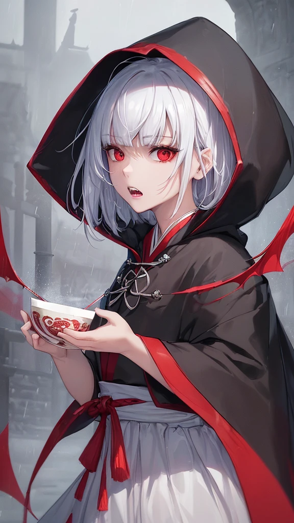 kk, best quality, more details, masterpiece, 1girl, kaneki ken, portrait, male focus, red eyes, solo, bangs, looking at viewer, hood, short hair, rain, tokyo tokyo \(hell\), hood up, nail polish, white hair, luxurious, 8k, detailed, ray tracing, depth of field, cinematic lighting, devil, demon, (((masterpiece)))、(((top-quality)))、((ultra-detailliert))、Vampires、Vampire、King of the Night、natta、Castles、a moon、rot、cloaks、the bats、((canine teeth))、wining、Neck bite, middle ages, feudal Japan, serious expression, Shui Mo Hua, Chinese painting style, Thangka style, masterpiece, weak sunlight, depth of field, best quality