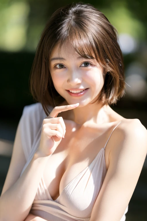 (RAW photo, highest quality), naked, Sheer dress, Narrow waist、necklace, 、very delicate and beautiful, soft light, (brown hair, short hair swaying in the wind, bangs), beautiful detailed girl, (finger details), highly detailed eyes and face, beautifully detailed nose, beautiful and detailed eyes, 1 girl, Japanese, Neat beauty, cute, young, smile, , (medium breasts), realistic face, realistic body, naked, The hair on the skin shines、rough skin、mole on face and chest、One piece swaying in the wind、stare at the camera、Narrow waist、garden、Bokeh
