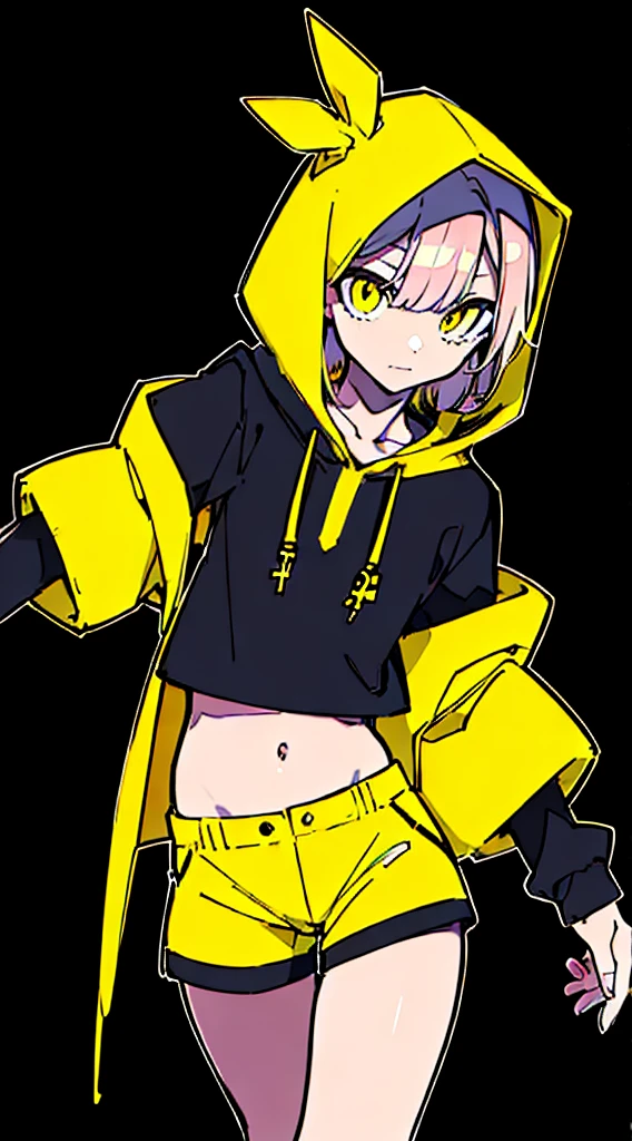 (masterpiece, highest quality:1.6), alone, thick outline, (simple background, Dark yellow background, monochrome, dark yellow theme:1.2), official art, Key Visual, 8K, disorganized, whole body, (Unique hair, Oversized Hoodies, hot pants, arch back, short torso:1.2), belly button, thighs, cowboy shot, HDR, sharp focus, High resolution, most detailed, very detailed, Super detailed, finely, detailed eyes and face, sharp pupils, realistic student