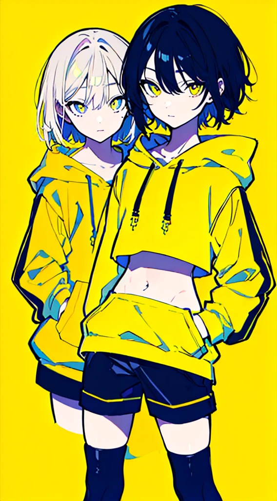 (masterpiece, highest quality:1.6), alone, thick outline, (simple background, Dark yellow background, monochrome, dark yellow theme:1.2), official art, Key Visual, 8K, disorganized, whole body, (Unique hair, Oversized Hoodies, hot pants, arch back, short torso:1.2), belly button, thighs, cowboy shot, HDR, sharp focus, High resolution, most detailed, very detailed, Super detailed, finely, detailed eyes and face, sharp pupils, realistic student