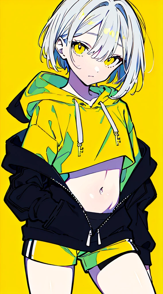 (masterpiece, highest quality:1.6), alone, thick outline, (simple background, Dark yellow background, monochrome, dark yellow theme:1.2), official art, Key Visual, 8K, disorganized, whole body, (Unique hair, Oversized Hoodies, hot pants, arch back, short torso:1.2), belly button, thighs, cowboy shot, HDR, sharp focus, High resolution, most detailed, very detailed, Super detailed, finely, detailed eyes and face, sharp pupils, realistic student