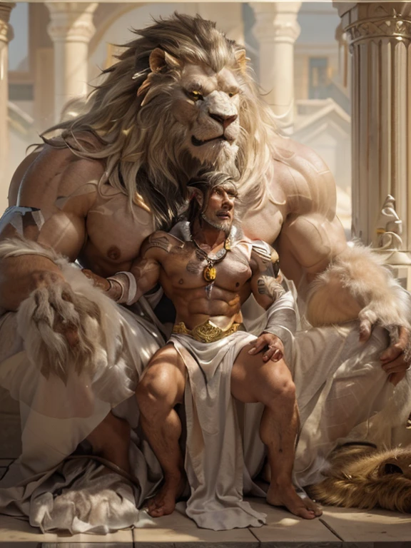 CG drawing，background，in a cold palace，cold palace，a lion orc，with a male human，two characters，strong and tall，Huge and muscular body，strong physique，muscle，Humans in the center of the picture，Lion orc hugs human，The lion man has silvery white fur，Humans have dark brown skin，Broken and simple white cloth hem，flowing white cloth，Gold ornaments，Please look head-on into the camera，strong legs、foot，Full role。