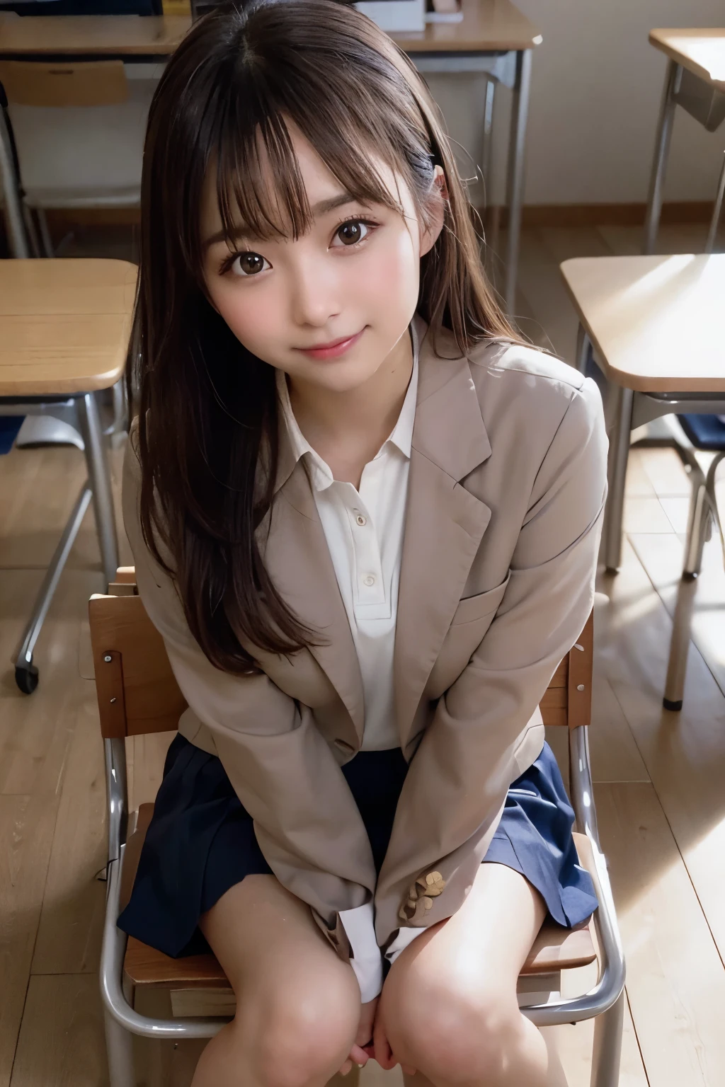 best quality, facial focus, soft light, (depth of field), ultra high res, (photorealistic: 1.4), RAW photo, (sideways) 1Japanese girl, solo, handsome, (shy, smile: 1.1), (brown eyes), detailed beautiful face, (long hair), (seated chair), (school uniform: 1.4, navy skirt, navy Blazer), pet shop,