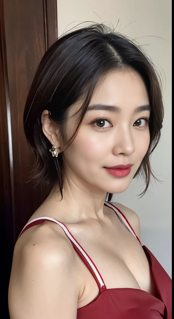 A mature Korean mom named Jinju, at the age of 45, still maintains a slim figure with her breast. (Hyper-realistic, Ultra detailed: 1.4)
She wear a gorgeous red dress and fine make up, to go fine dining , earring,
(Best quality, 8k, masterpiece: 1.3)
Sharp focus: 1.2
1 woman
Mature beauty: 1.4
Small breasts: 1.3
Happy face: 1.1