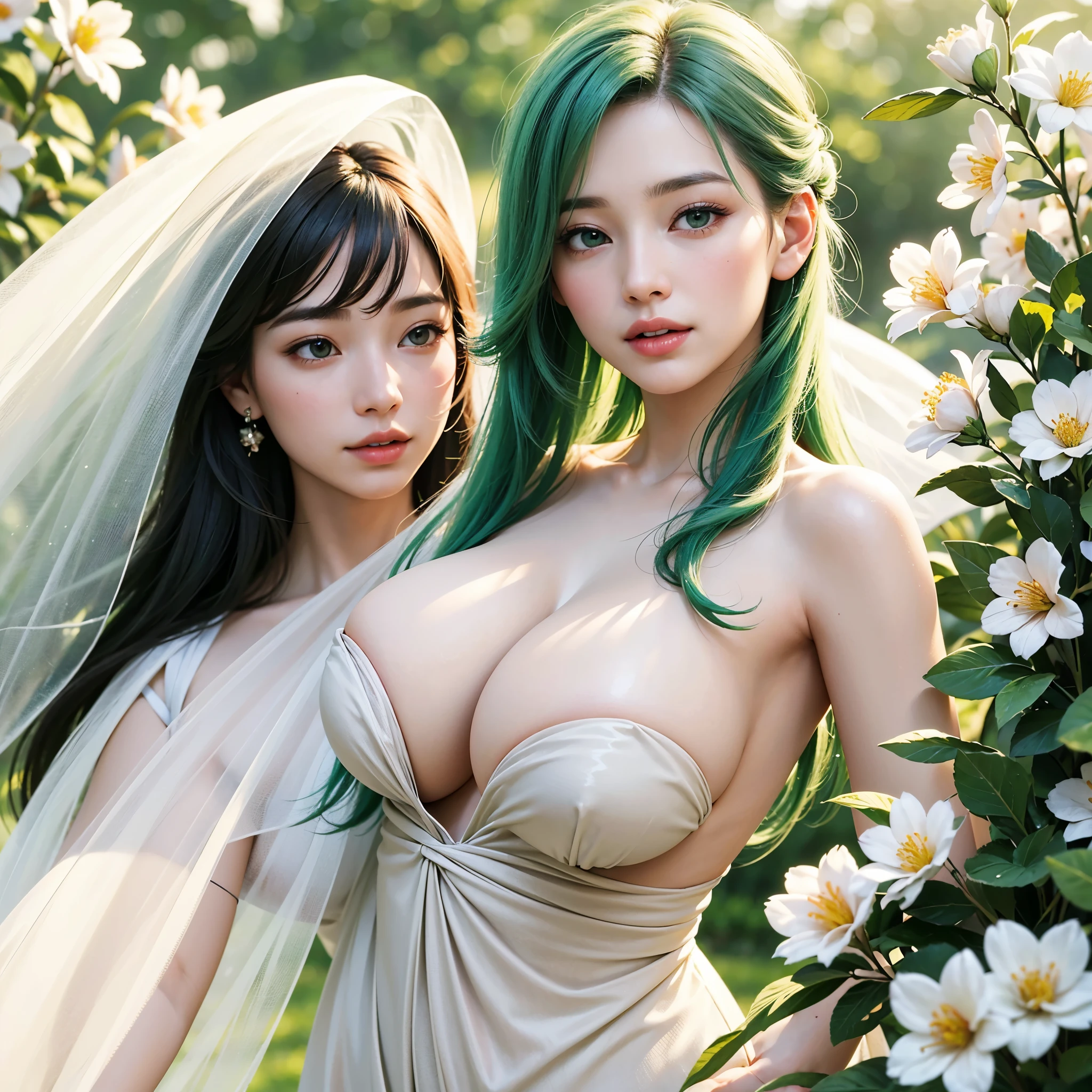 (best quality,4k,8k,highres,masterpiece:1.2),ultra-detailed,(realistic,photorealistic,photo-realistic:1.37),beautiful young woman:1.5), European women,green hair,dark green eyes,button nose,red lips,white glowing silk dress,flower in hair,huge breasts,soft sunlight,serene garden,blissful expression,vibrant spring flowers,graceful pose,delicate features,subtle makeup,gentle breeze,harmonious color palette,ethereal atmosphere,sublime beauty,serenity,crystal-clear skin,playful twinkle in eyes,enchanting smile,feminine charm,elegance,depth in gaze,natural beauty,freshness,serendipitous moment of joy,artistic flair,pure radiance,effortless grace,sublime femininity,subtle shimmer,whimsical touch