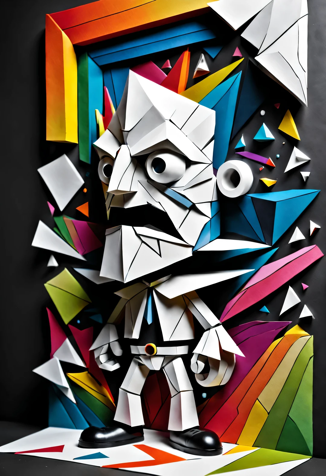 Black and white paper cartoon character Intruder with half of his body sticking out of the wall passes through the wall and becomes half of the paper. The intruder is a colorful cartoon character, fantasy, Science fiction, low polygon, cubismo, Thick layer of paper scraps, Written by Charles Eames and Ray Eames