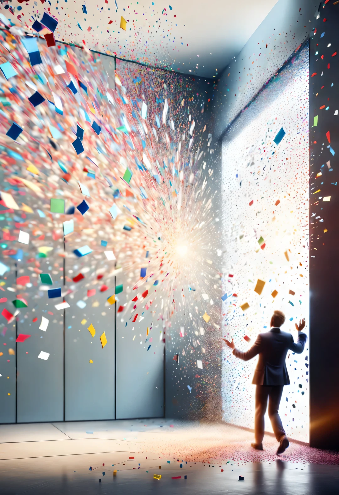 In the center of the picture is a glass wall,Confetti shaped like white people pass through a cracked glass wall,turn into confetti, ,production art, Interesting illustration, cartoon