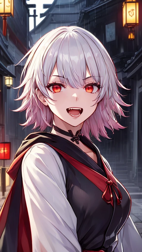 kk, best quality, more details, masterpiece, 1girl, kaneki ken, portrait, male focus, red eyes, solo, bangs, looking at viewer, hood, short hair, rain, tokyo tokyo \(hell\), hood up, nail polish, white hair, luxurious, 8k, detailed, ray tracing, depth of field, cinematic lighting, devil, demon, (((masterpiece)))、(((top-quality)))、((ultra-detailliert))、Vampires、Vampire、King of the Night、natta、Castles、a moon、rot、cloaks、the bats、((canine teeth))、wining、Neck bite, middle ages, feudal Japan, serious expression, Shui Mo Hua, Chinese painting style, Thangka style, masterpiece, weak sunlight, depth of field, best quality, night