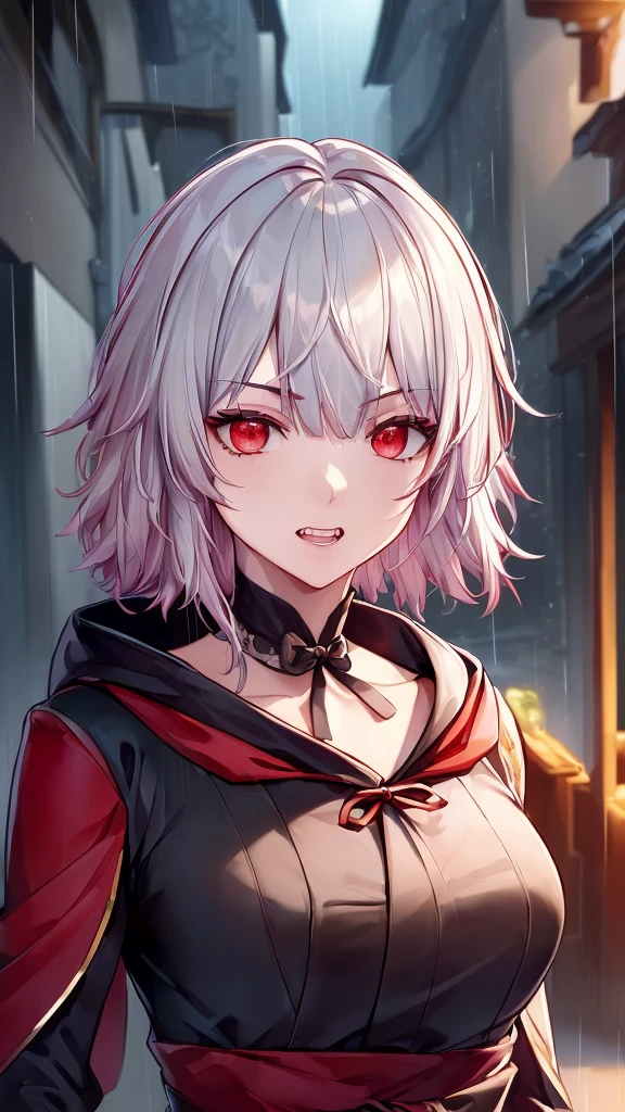 kk, best quality, more details, masterpiece, 1girl, kaneki ken, portrait, male focus, red eyes, solo, bangs, looking at viewer, hood, short hair, rain, tokyo tokyo \(hell\), hood up, nail polish, white hair, luxurious, 8k, detailed, ray tracing, depth of field, cinematic lighting, devil, demon, (((masterpiece)))、(((top-quality)))、((ultra-detailliert))、Vampires、Vampire、King of the Night、natta、Castles、a moon、rot、cloaks、the bats、((canine teeth))、wining、Neck bite, middle ages, feudal Japan, serious expression, Shui Mo Hua, Chinese painting style, Thangka style, masterpiece, weak sunlight, depth of field, best quality, night