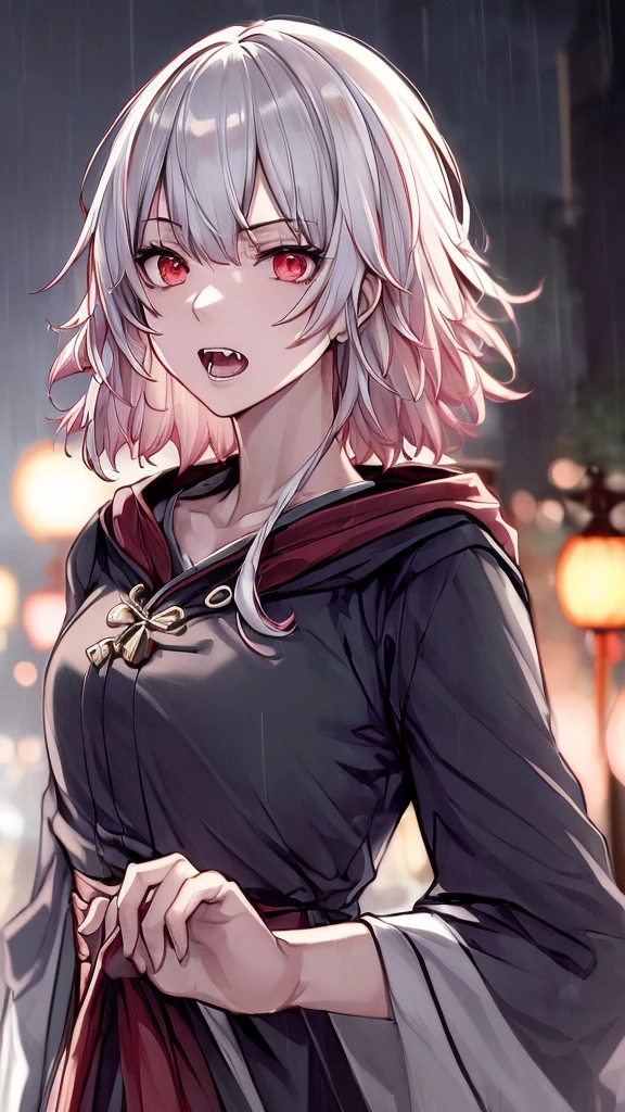 kk, best quality, more details, masterpiece, 1girl, kaneki ken, portrait, male focus, red eyes, solo, bangs, looking at viewer, hood, short hair, rain, tokyo tokyo \(hell\), hood up, nail polish, white hair, luxurious, 8k, detailed, ray tracing, depth of field, cinematic lighting, devil, demon, (((masterpiece)))、(((top-quality)))、((ultra-detailliert))、Vampires、Vampire、King of the Night、natta、Castles、a moon、rot、cloaks、the bats、((canine teeth))、wining、Neck bite, middle ages, feudal Japan, serious expression, Shui Mo Hua, Chinese painting style, Thangka style, masterpiece, weak sunlight, depth of field, best quality, night