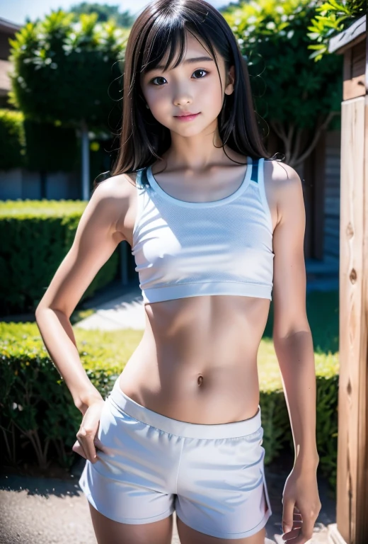 high resolution、8K、real live action、Raw photo、highest quality、masterpiece、high school girl、unparalleled beauty、young face、(((beautiful girl)))、null,(SFW:1.5),(RAW photo:1.2)、white sports bra and shorts