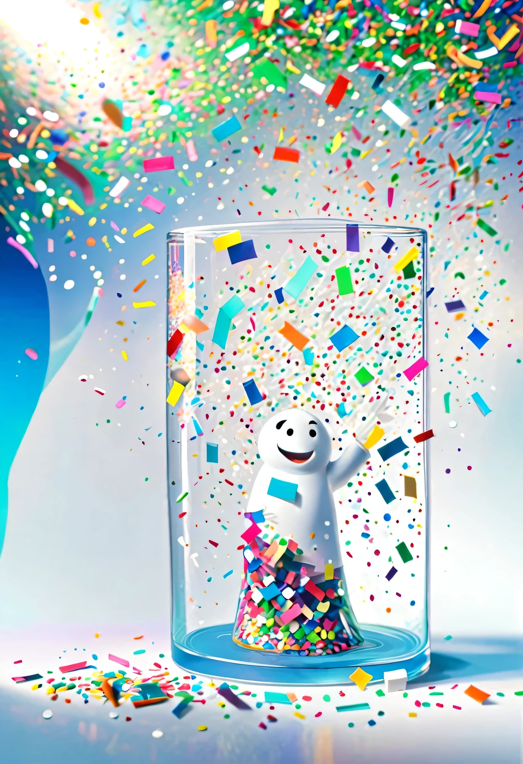 In the center of the picture is a glass wall，White people shaped confetti passing through glass wall，turn into confetti, ，production art, Interesting illustration, cartoon