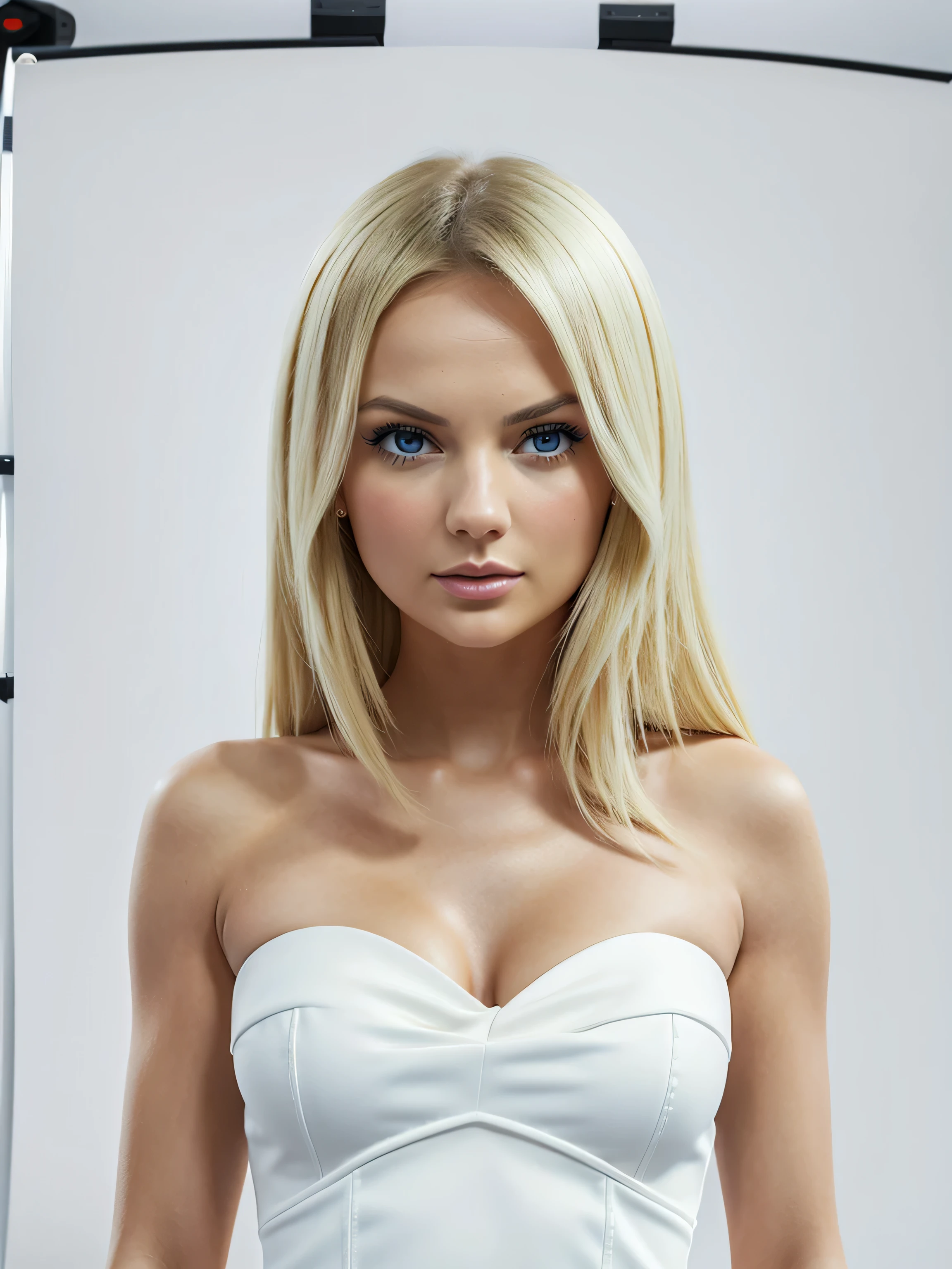 ((Beautiful):attractive+cute:0.8+very_adorable:1+young:0.8) woman, Taylor_Swift:0.3:Aimee_Carrero:0.1:Ana_de_Armas:0.3:Jennifer_Morrison:0.1:Nina_Dobrev:0.1:Camilla_Luddington:0.2, (blue_eyes:1.5), symmetric_nose, (blonde_hair:1.5), (1Woman:1.5, Masterpiece, Realistic, 8K, best_quality, highres), ((upper_body:1.5), looking_at_viewer:1.5, body_looking_at_viewer:1.5), (standing, neutral_body_posture:1.5, neutral_facial_expression:1.5), (wearing white_strapless_mini_dress), ((white_backdrop:1.5)), skin_texture:1.2, round_pupil, black_pupil, round_iris, realistic_iris, 8K_eyes, 8K_iris, 8K_pupil
