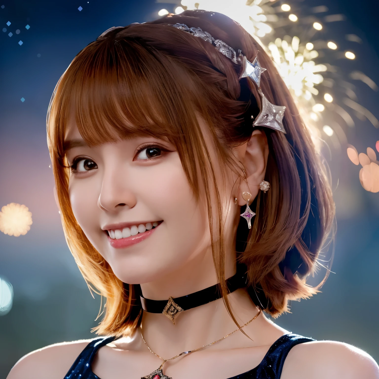 (masterpiece, best quality, highres, ultra-detailed, 8k, 4k), artbook, anime coloring, CG, illustration , fantasy, mksks ,1girl, solo, earring, choker, background is a huge ornate circular pattern, smile, happy looking at viewer, fireworks, stars, night, outdoors, (dutch angle), close up, face focus, upper body, yoimiya (genshin impact)