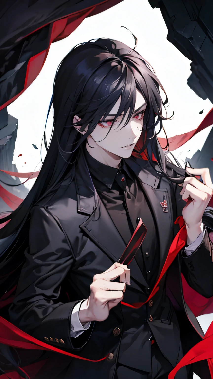 (best quality), 1man,Masculinity,One with long black hair,red eyes,vampire, Wear a black suit,Full body front,pure white background