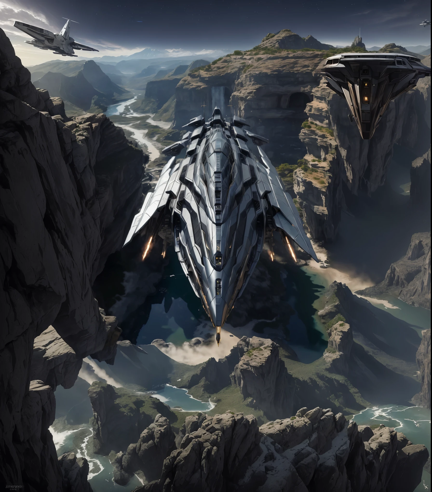 Spaceship flies over a mountain,In the background is a river, star citizen digital art, star citizen concept art, star citizen halo, star citizen, star citizen origin 100i, Spaceship on dry river bed, spaceship above island, 4K concept art, 4k concept art, 8K high-detail concept art, detailed 4k concept art