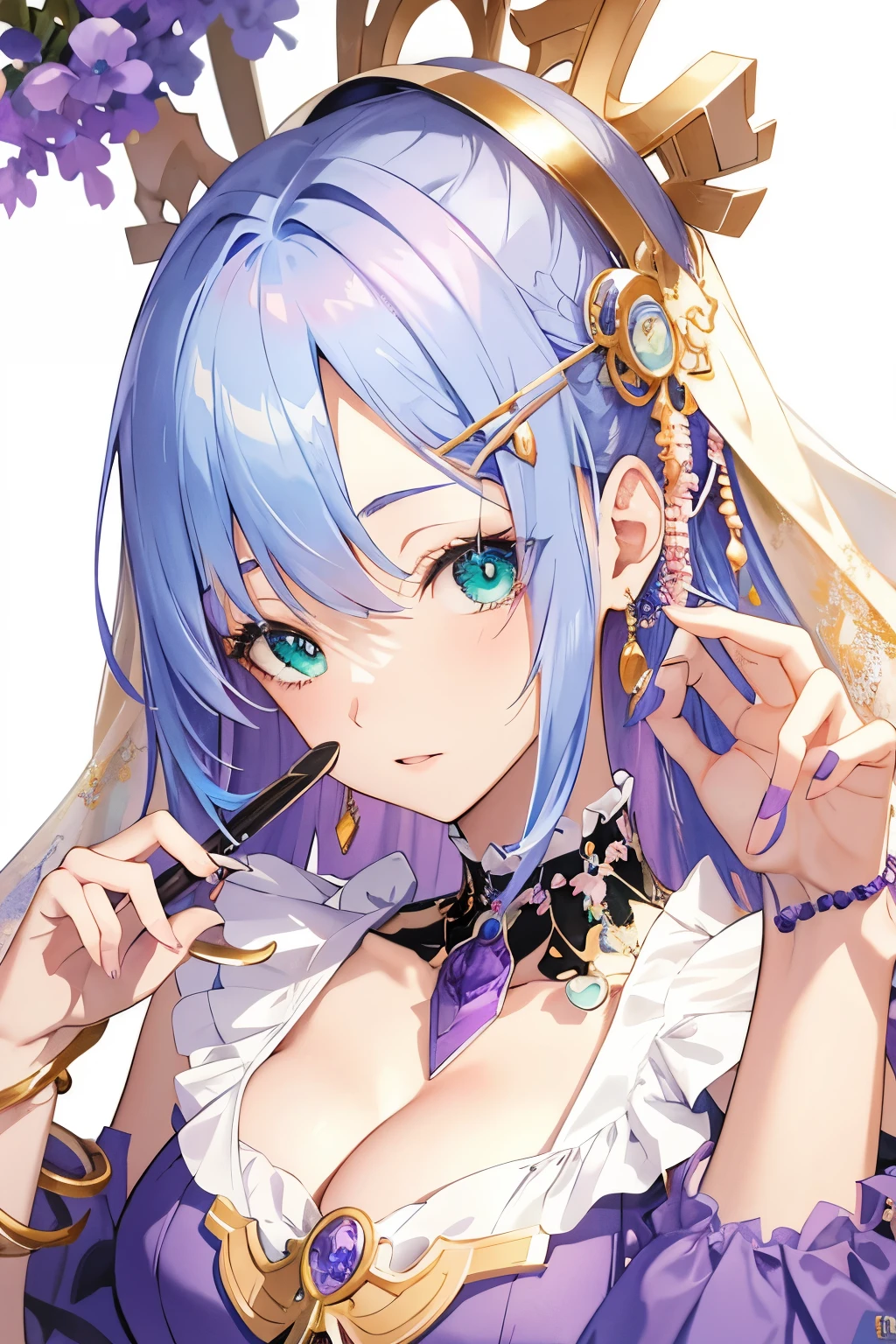 anime girl with blue hair and a purple dress holding a pair of brush, official art, detailed key anime art, high detailed official artwork, anime goddess, bracelet on right hand, 8k quality, green eyes, 