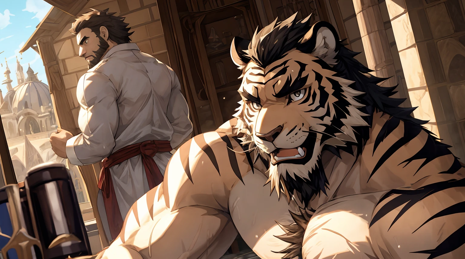 Humanity((dramatic))epic, dynamic poses, dynamic angle, a scene in, Extreme perspective and powerful composition, ridiculous, (Super detailed), sharp focus, Negi, eyes, black eyes, hairy, light white fur, black fur, Blackbeard, Humanity (Tiger), male, middle aged, white body, white belly, muscular, Super detailed face, (delicate eyes), 1 boy, Taking a shower in a medieval bathroom, Use of towels, naked, motion blur, (best quality), (masterpiece), high detail, high quality, Award-winning, high resolution, HD, 16k, Is, (close up:1.5)