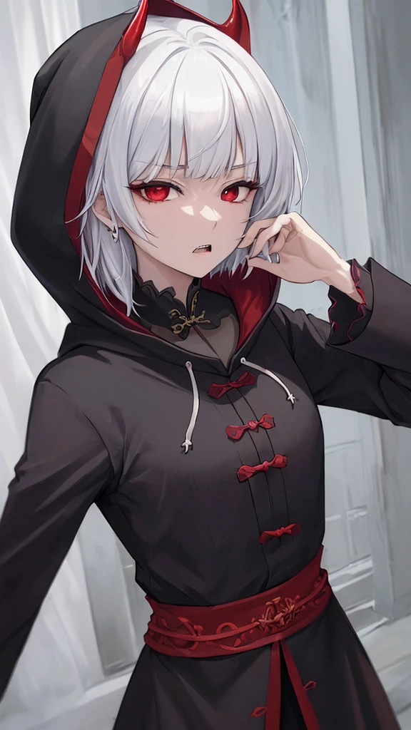 kk, best quality, more details, masterpiece, 1girl, kaneki ken, portrait, male focus, red eyes, solo, bangs, looking at viewer, hood, short hair, rain, tokyo tokyo \(hell\), hood up, nail polish, white hair, luxurious, 8k, detailed, ray tracing, depth of field, cinematic lighting, devil, demon, (((​masterpiece)))、(((top-quality)))、((ultra-detailliert))、Vampires、Vampire、King of the Night、natta、Castles、a moon、rot、cloaks、the bats、((canine teeth))、wining、Neck bite, middle ages, feudal Japan, serious expression, Shui Mo Hua, Chinese painting style, Thangka style, masterpiece, weak sunlight, depth of field, best quality, night