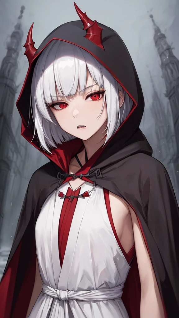 1girl, red_eyes, breasts, hood, bandages, solo, looking_at_viewer, bandaged_neck, cloak, white_hair, upper_body, red_cloak, bandaged_head, hooded_cloak, collarbone, medium_breasts, glowing_eyes, lips, glowing, parted_lips, blood, hood_up, open_clothes, long_hair