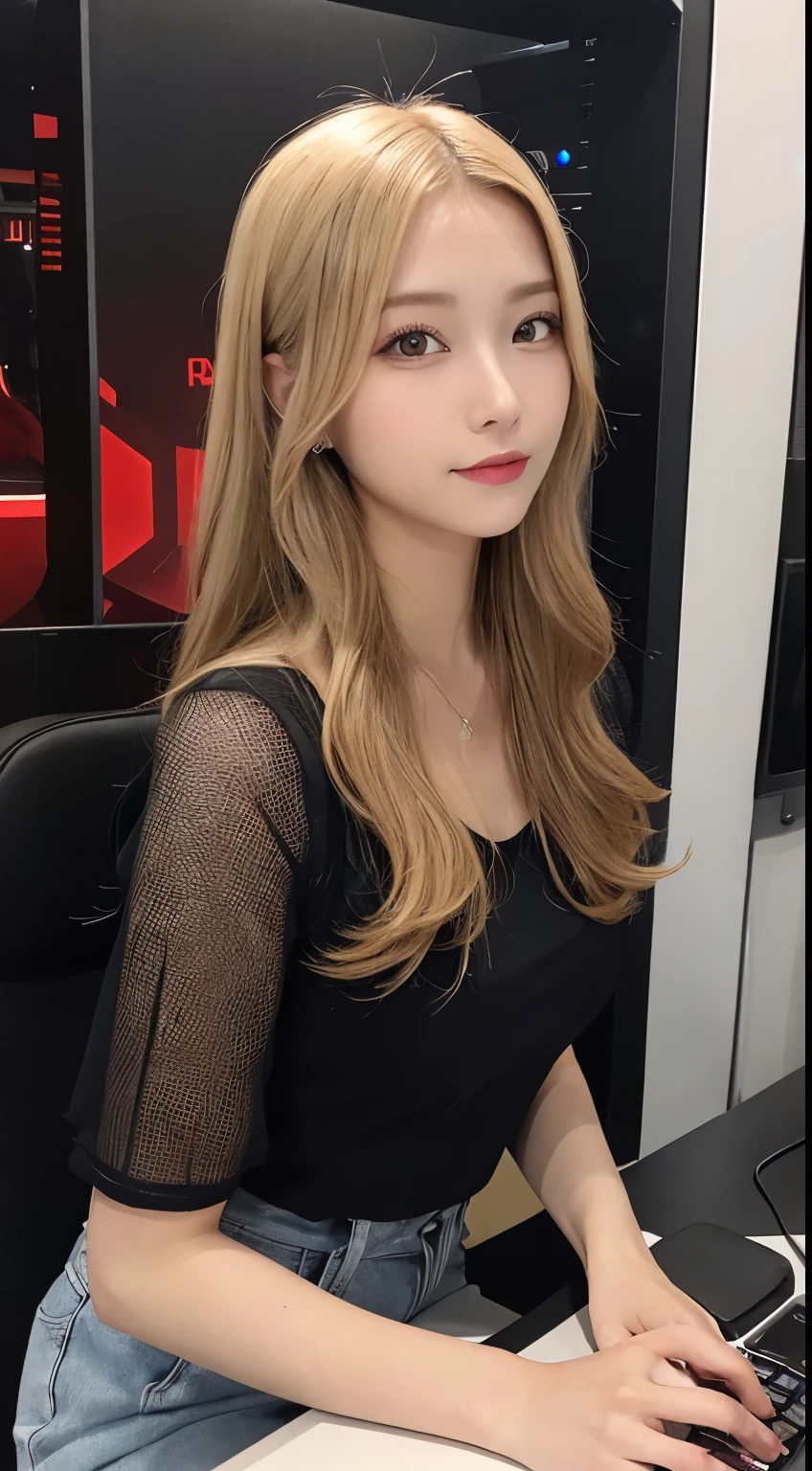 a beautiful blond 24 years old gaming computor