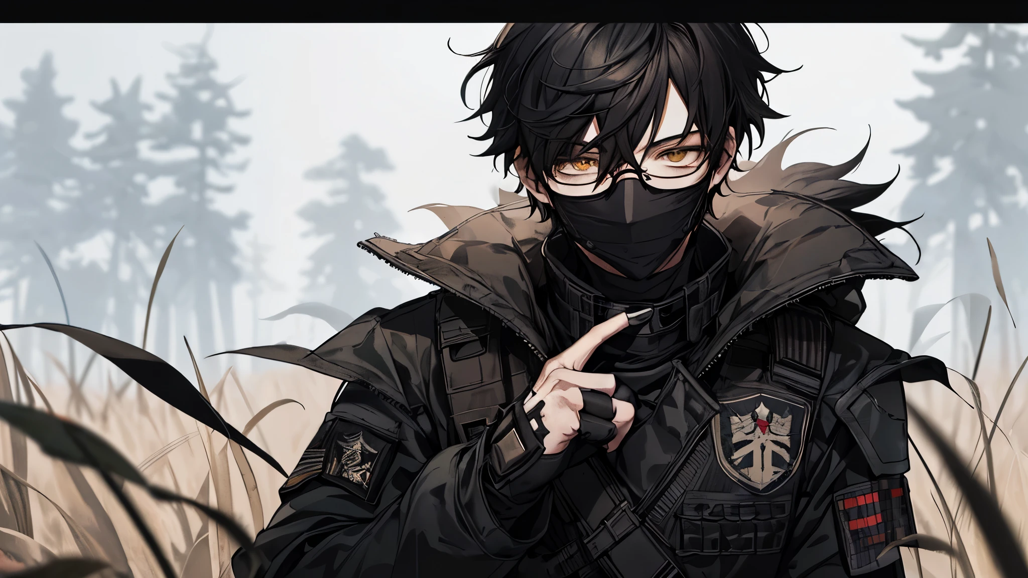 1 guy, camouflage military pants, black sweater, black body armor, Tactical gloves, Balaklava, wild hair, берцы, gun in hand and press, Thin, pale, rings on fingers, black nails, Glasses, black hair, a little sporty, Glass eyes, smile, cinematic lighting, Blur background, Best quality, Brown eyes, In the woods, yellow tall grass covered in blood, Collar, face hidden by a black mask, Balaklava, 