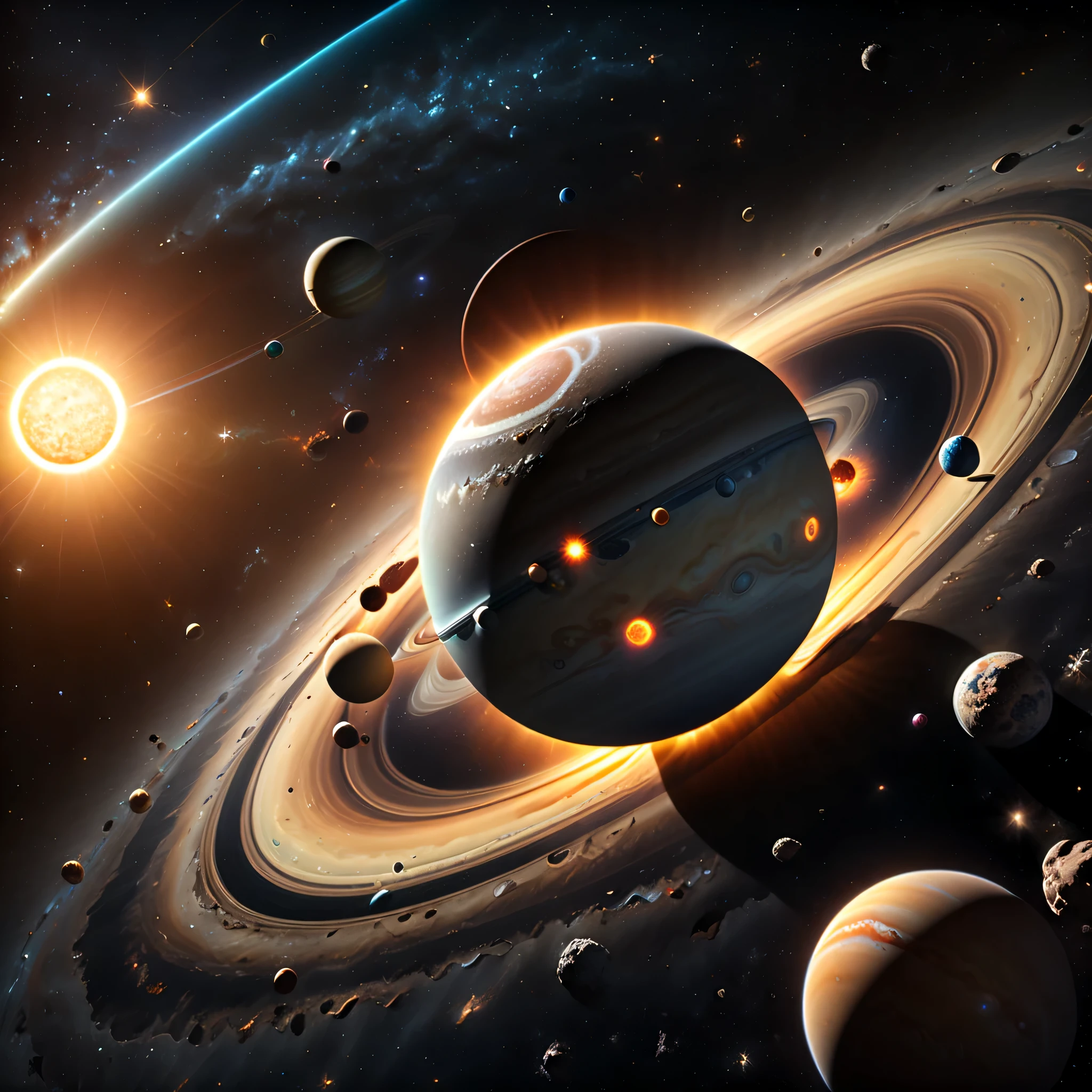 (best quality,4k,8k,highres,masterpiece:1.2),ultra-detailed,(realistic,photorealistic,photo-realistic:1.37),1 artistically rendered solar system,3D rendering,realistic depiction of planets,glowing stars,cosmic backdrop,galactic atmosphere,navigating spacecraft,illuminated planets,rotating orbits,beautifully textured surfaces,accurately proportioned planets,majestic sun,planets positioned in correct order,accurate representation of celestial bodies,crystal-clear space,highly detailed asteroids,realistic planetary structures,shimmering nebulae,captivating interstellar dust,stellar constellations,pitch-black space,deep space exploration,awe-inspiring universe,hyper-realistic space scenery,scientifically accurate portrayal,vivid colors,vibrant planet atmospheres,dynamic lighting effects,impressive space art,immersive astronomical experience.