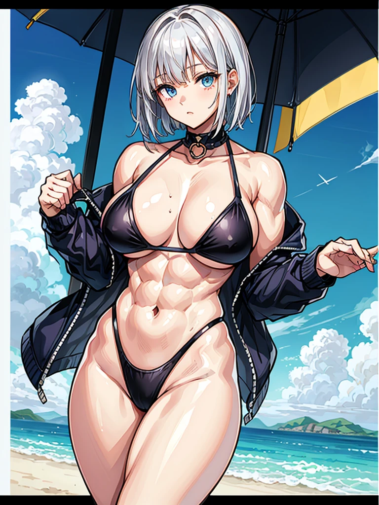 （（（masterpiece、Highest image quality、highest quality、highly detailed unity 8ｋwallpaper）））、（（Illustration of one girl））、（（（beautiful girl）））、（（white hair、short hair、crew cut：1.2、light blue eyes））、（（（stocky build, thickset physique, muscular legs, broad shoulders, solid chest：1.3）））、swimsuit、sandy beach