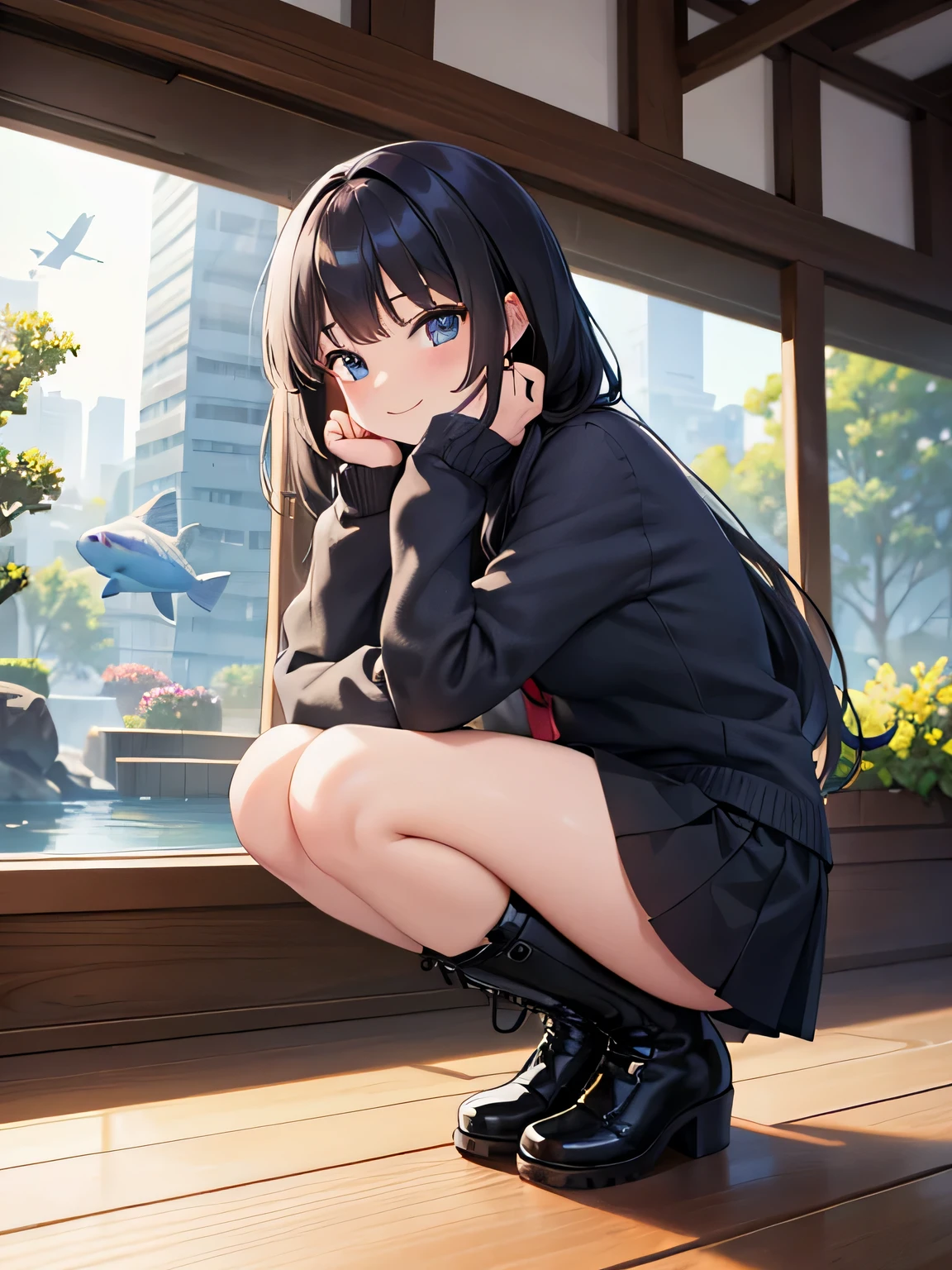 (1) A woman is squatting down and looking at the aquarium.
(2) that woman has long black hair.
(3) The woman is wearing a turtleneck knit, Mini skirt and long boots.
(4) The woman's expression is a smile.
(5) The place is an aquarium.
