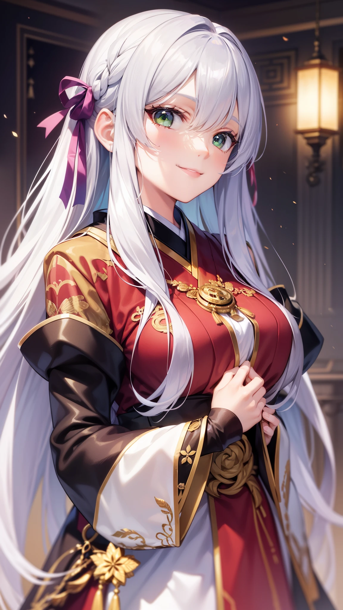 adult girl, long white hair, green eyes, hanfu, Open the chest, Smile, masterpiece, high quality