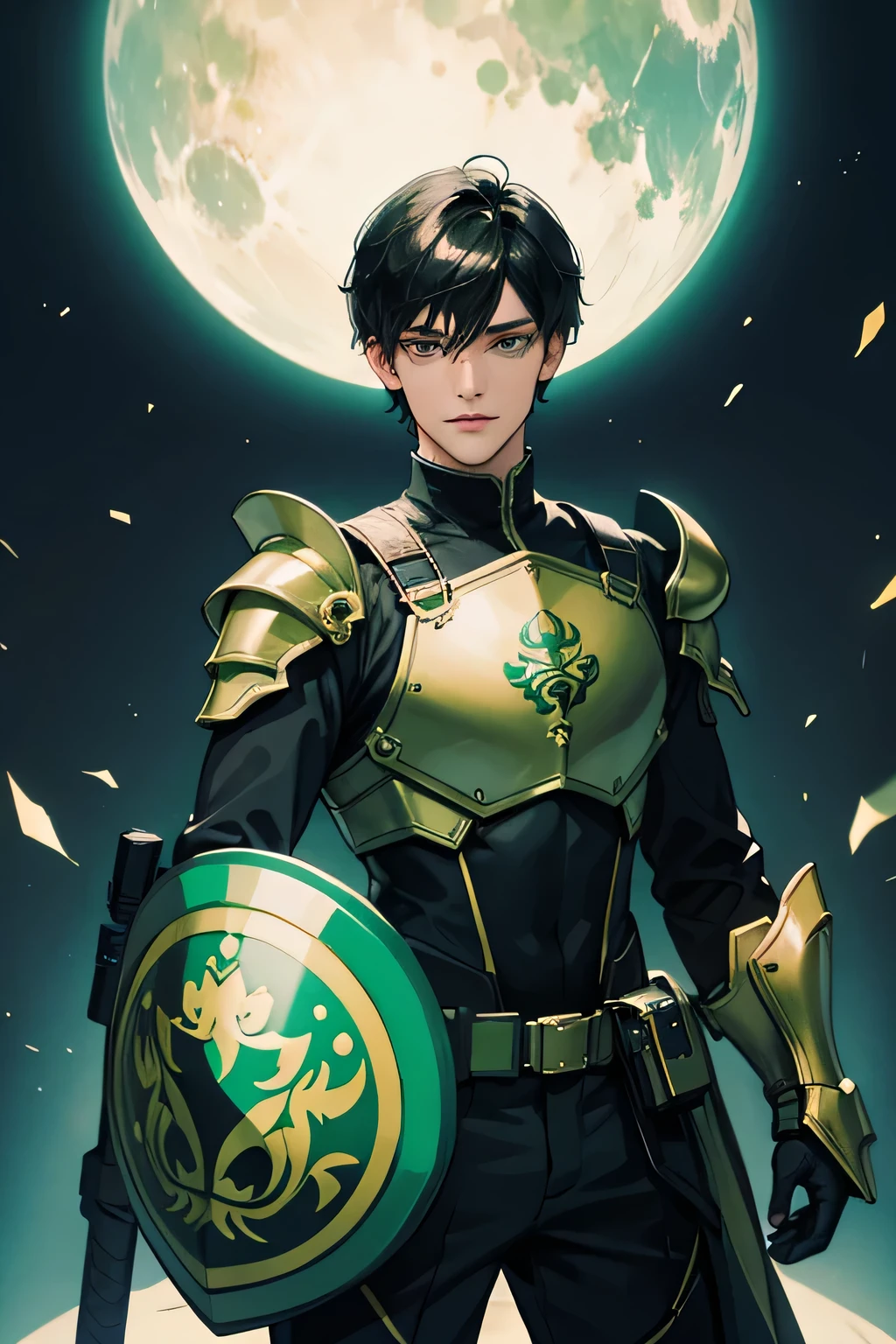 Ultra-detailed high quality wallpaper. Green Guardian Hero.1man,35 years old male,cowboy shot.beautiful face,(black hair,short hair,bangs,black almond eyes:1.2),looking at viewer,male focus,solo,cyberpunk style partial armor over black body suit. Armored gear,Armored boots,Breast plate,Shoulder armor,Gold trim,Man standing straight with beautifully decorated green shield in front of enemy